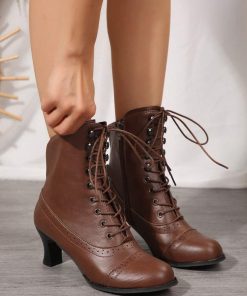 Vintage Lace-Up Ankle Boots with Low Kitten Heel